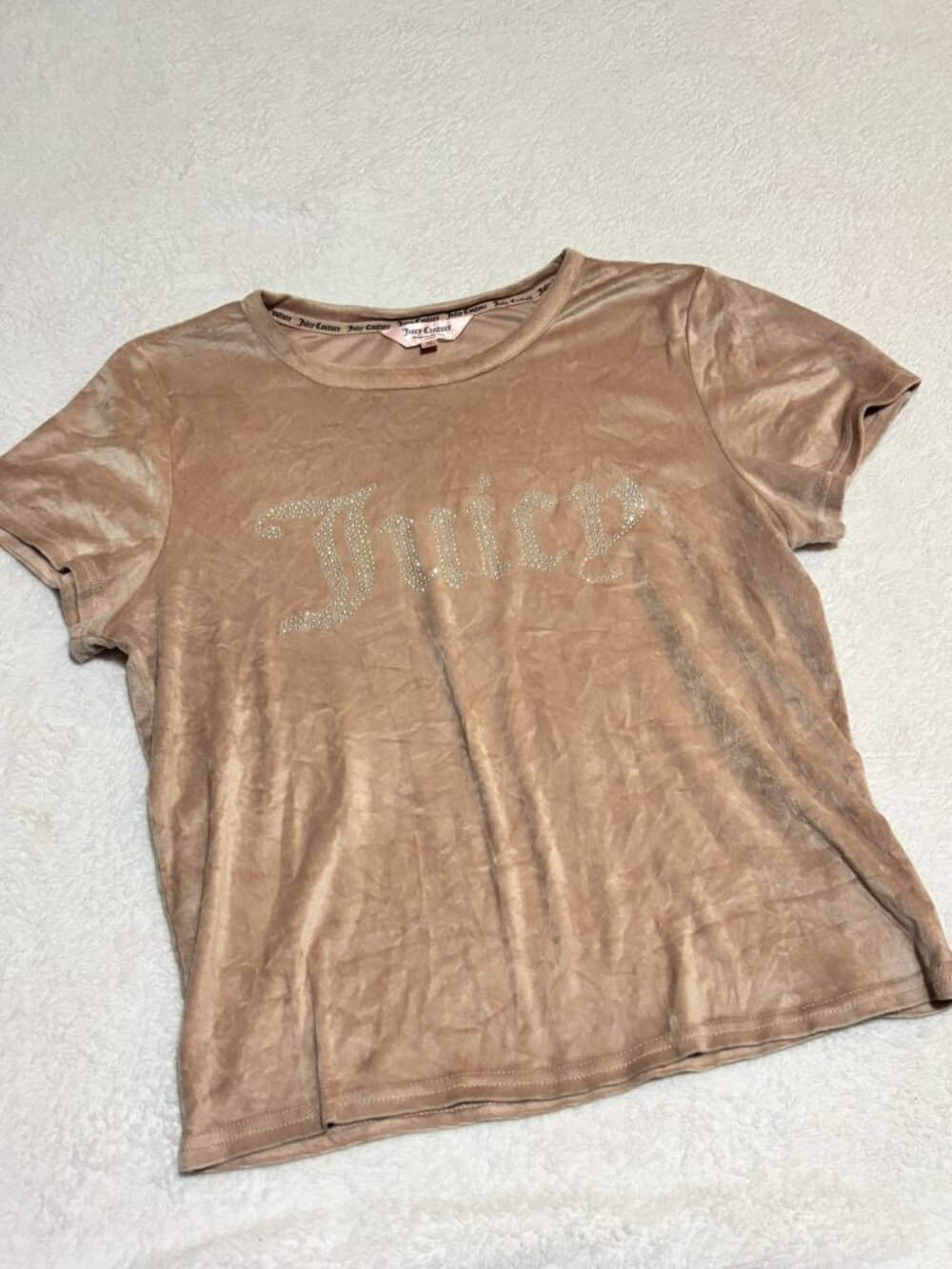 Juicy Couture Beige Velour Rhinestone Logo Graphic Short Sleeve Tee Shirt XL